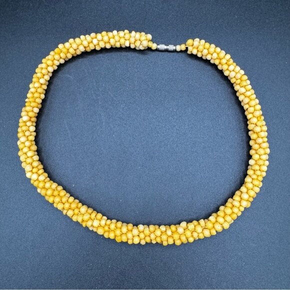 Vintage Yellow Beaded Crochet Collar Necklace 16in with Barrel Clasp - Picture 1 of 6